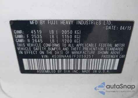 2015 Subaru Legacy 2.5I z USA, uszkodzony, nr VIN 4S3BNAA67F3059251